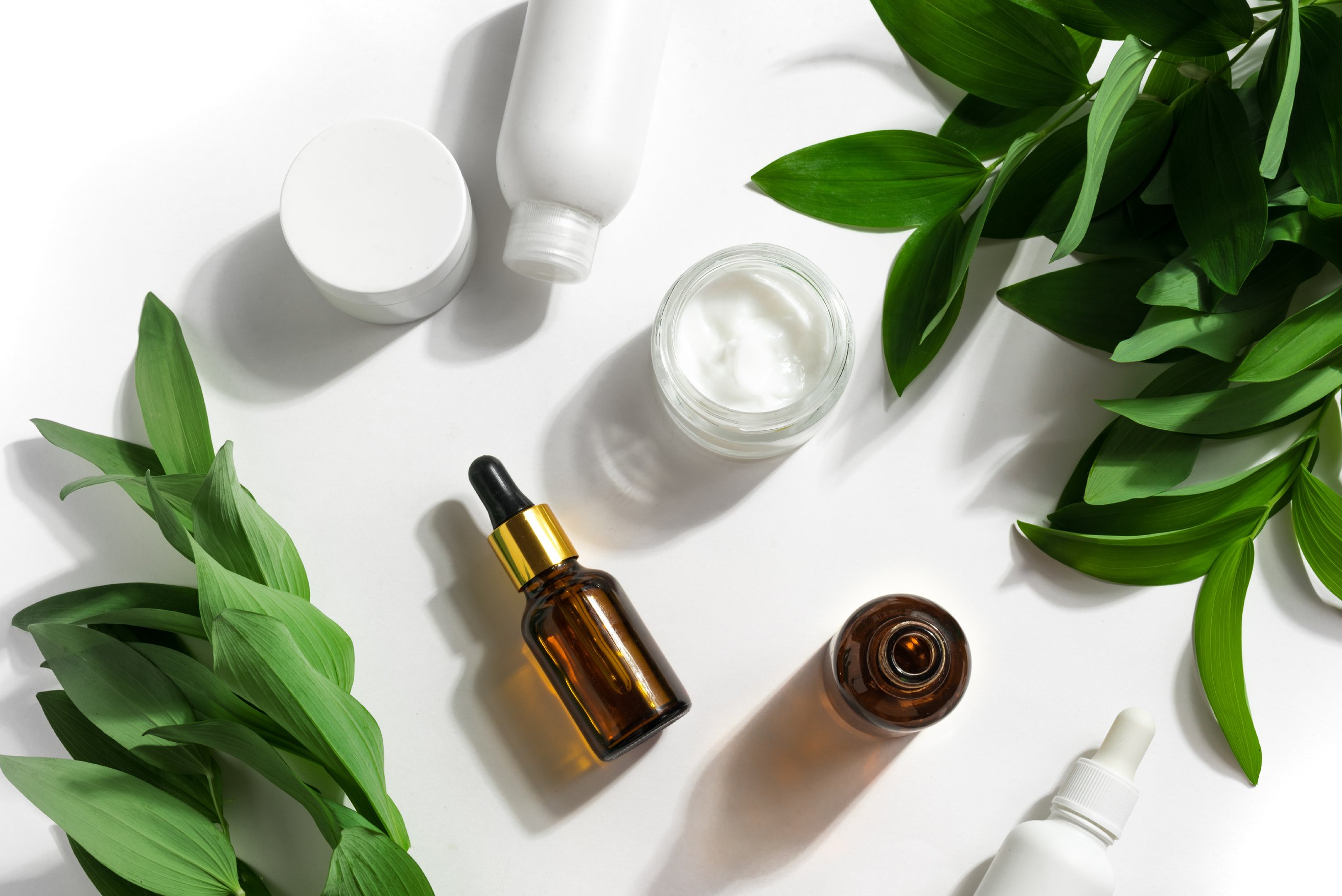 Organic skin care products and green plants